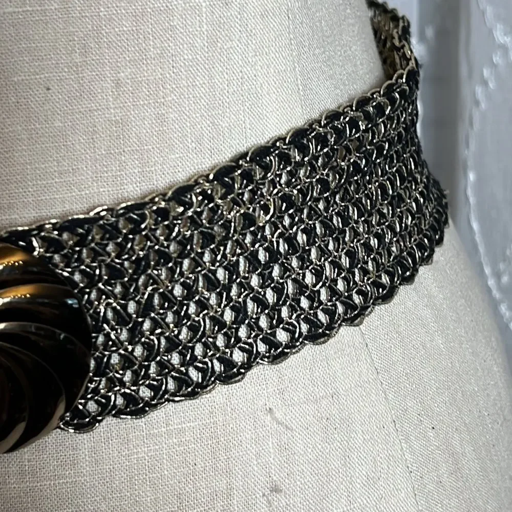 Metallic black and gold woven belt with metal buckle